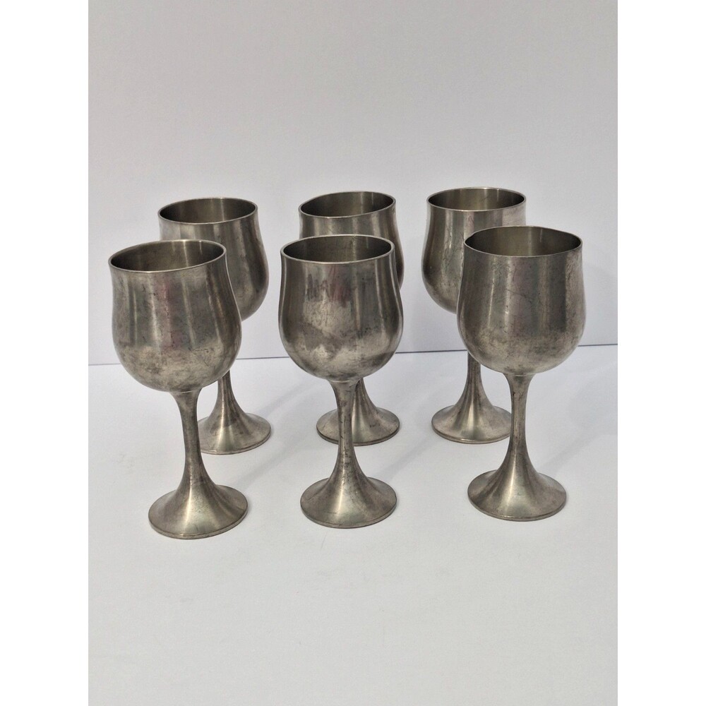 Vintage Royal Selangor Pewter 6" Wine Goblets Set of 6 Trumphet Base Cups